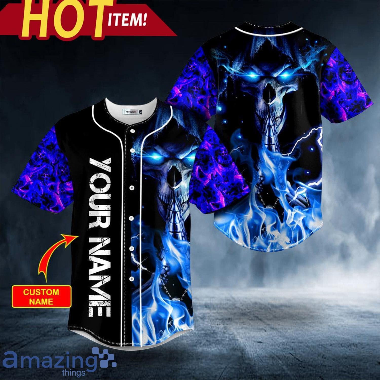 Grim Reaper Blue Fire Lightning Skull Custom Name All Over Print Baseball Jersey  Shirt
