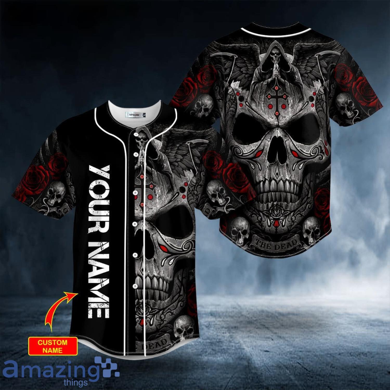Grim Reaper Praying Cross Skull Custom Name All Over Print Baseball Jersey Shirt Product Photo 1