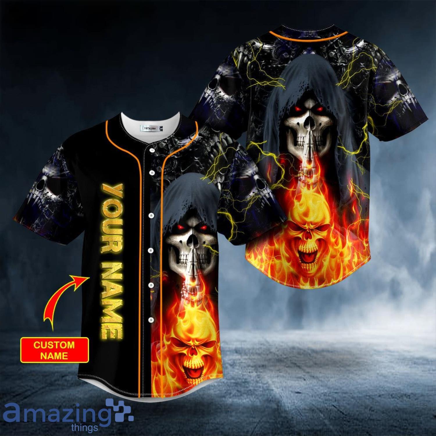 Grim Reaper Praying Lightning Flaming Hell Skull Custom Name All Over Print Baseball Jersey Shirt Product Photo 1
