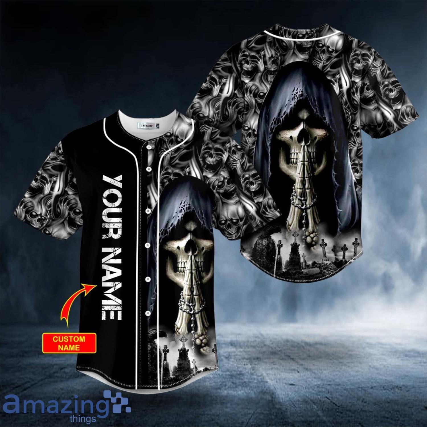 Grim Reaper Praying Skull Custom Name All Over Print Baseball Jersey Shirt Product Photo 1