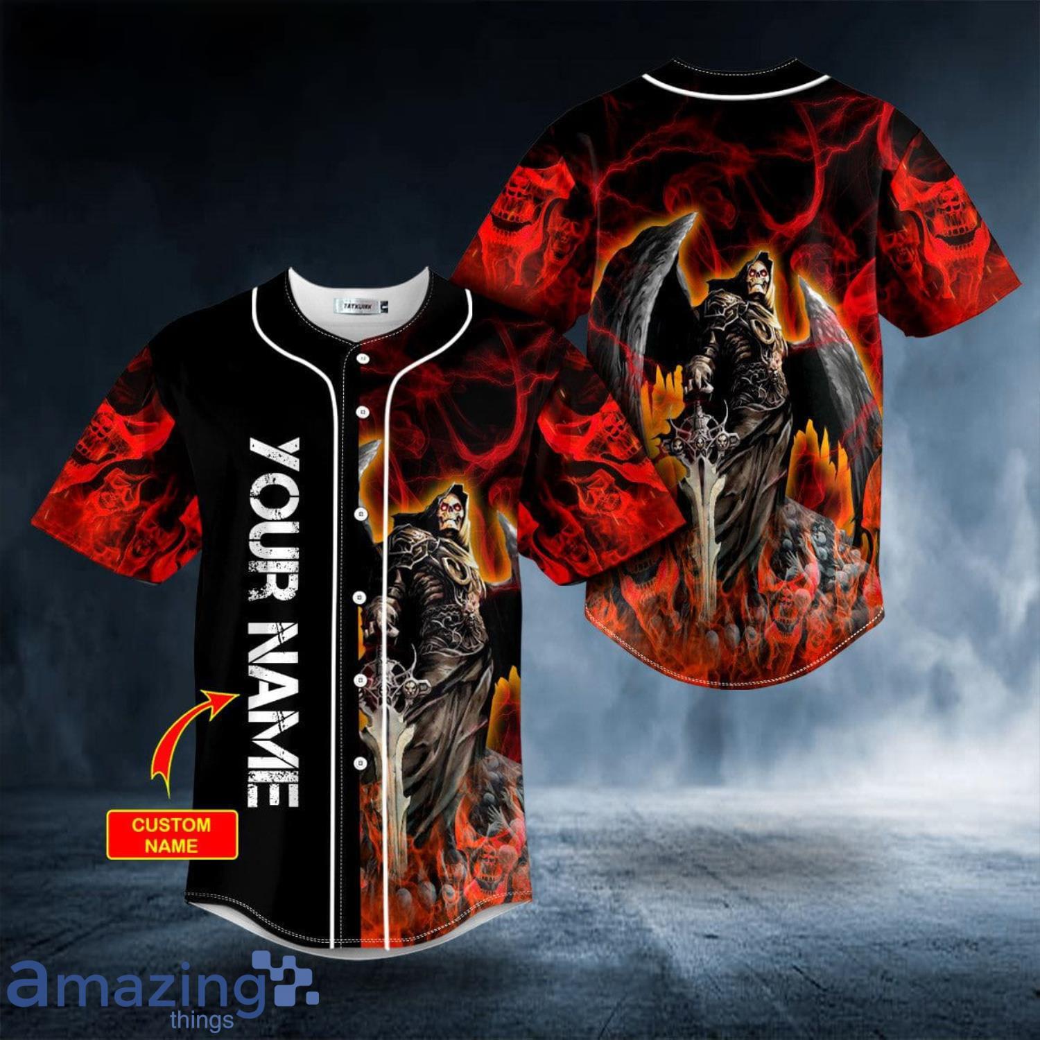 Grim Reaper Red Smoke Skull Custom Name All Over Print Baseball Jersey Shirt Product Photo 1