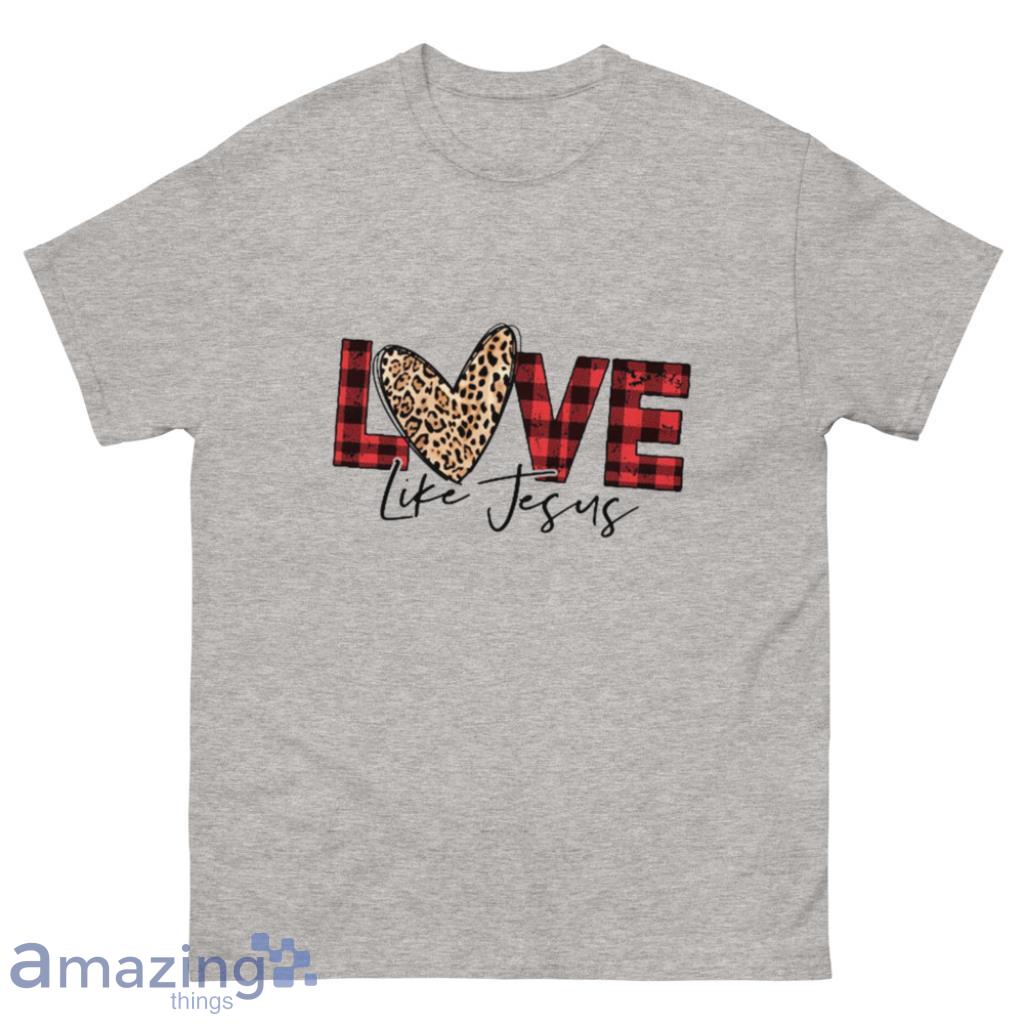 Love Like Jesus Buffalo Plaid Leopard Valentine Day's Coupe Shirt image Love Like Jesus Buffalo Plaid Leopard Valentine Day's Coupe Shirt - 500 Men’s Classic Tee Gildan