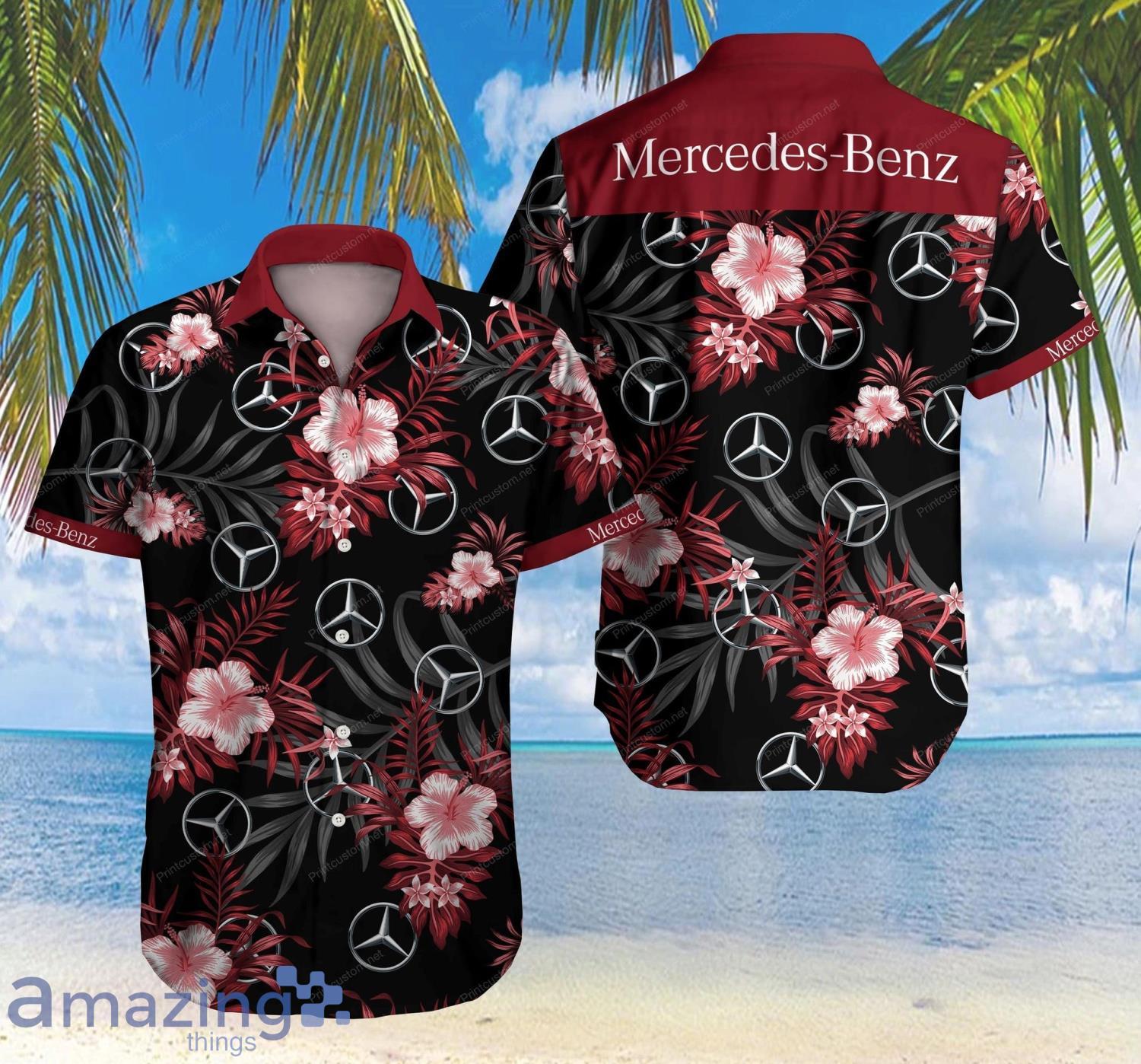 Mercedes Hawaii Flowers Summer Pattern Black Short Sleeve Hawaiian Shirt And Short Product Photo 1