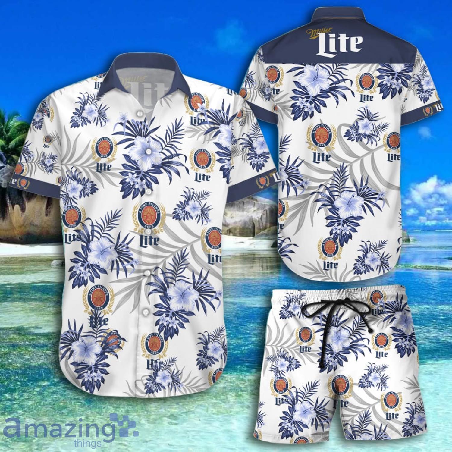 Miller Lite Tropical Pattern White Short Sleeve Hawaiian Shirt And Short Product Photo 1