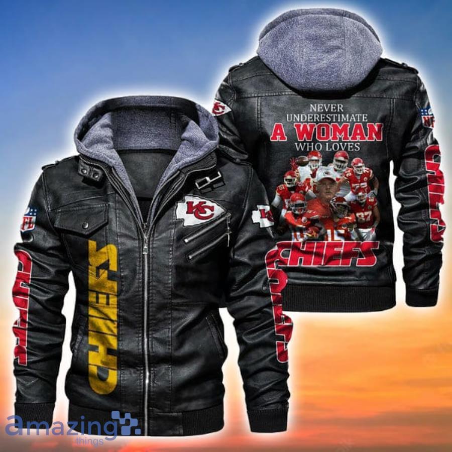 Never Underestimate A Woman Who Loves Kansas City Chiefs NFL Leather Jacket image Never Underestimate A Woman Who Loves Kansas City Chiefs NFL Leather Jacket Product Photo 2