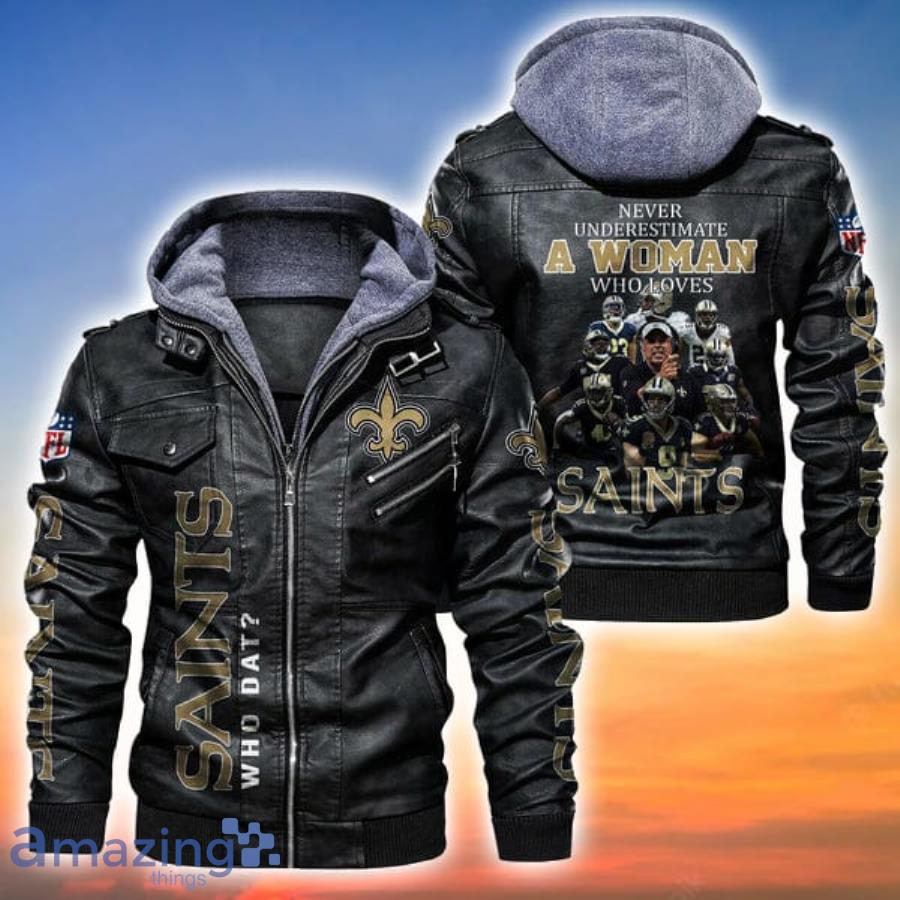 Never Underestimate A Woman Who Loves New Orleans Saints NFL Leather Jacket image Never Underestimate A Woman Who Loves New Orleans Saints NFL Leather Jacket Product Photo 2