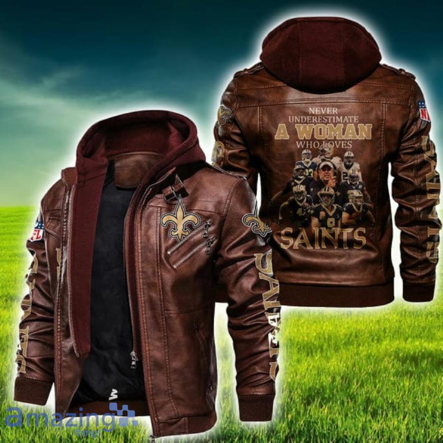Never Underestimate A Woman Who Loves New Orleans Saints NFL Leather Jacket Product Photo 1