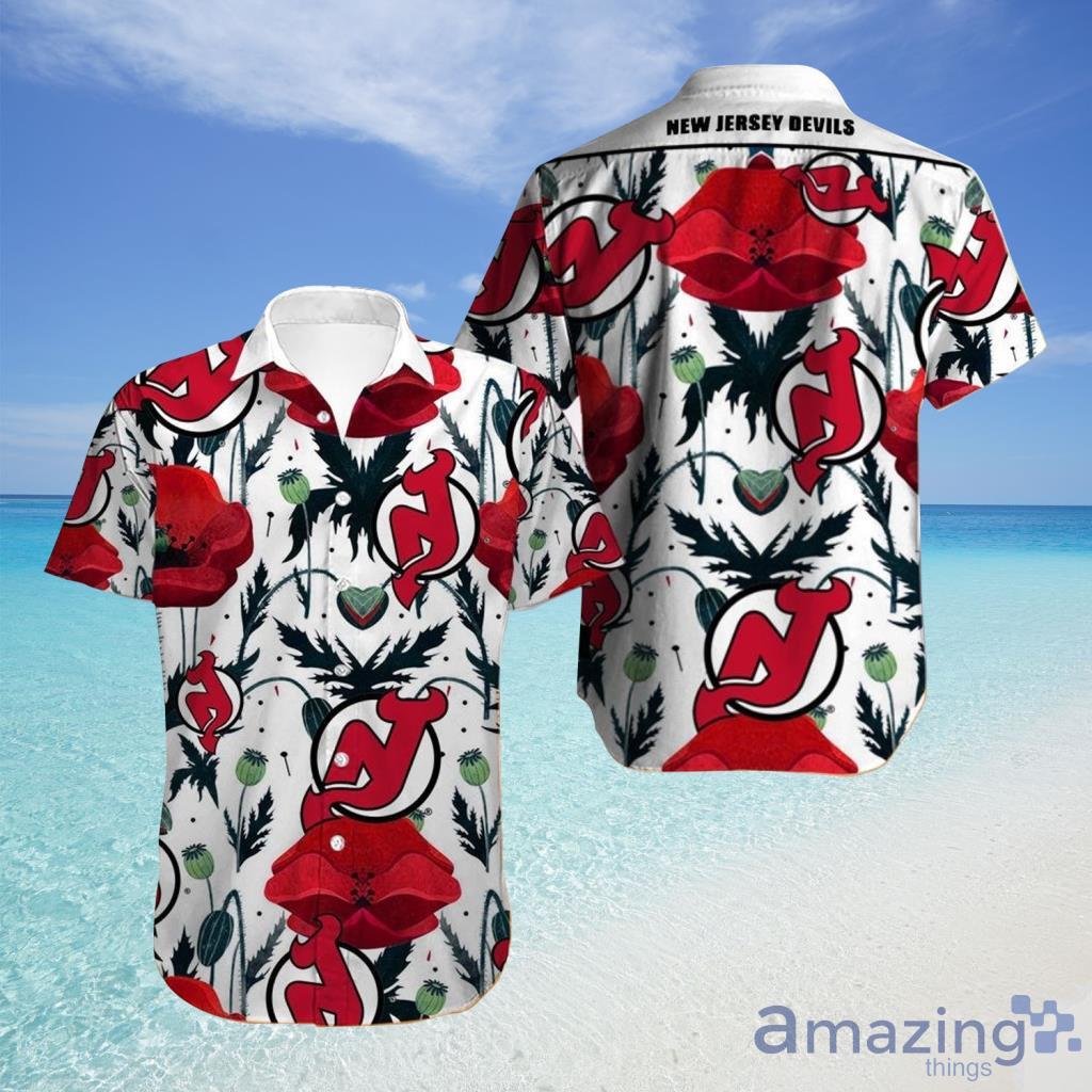 New Jersey Devils Hawaiian Shirt Tropical Flowers  For Fans - New Jersey Devils Hawaiian Shirt Tropical Flowers  For Fans