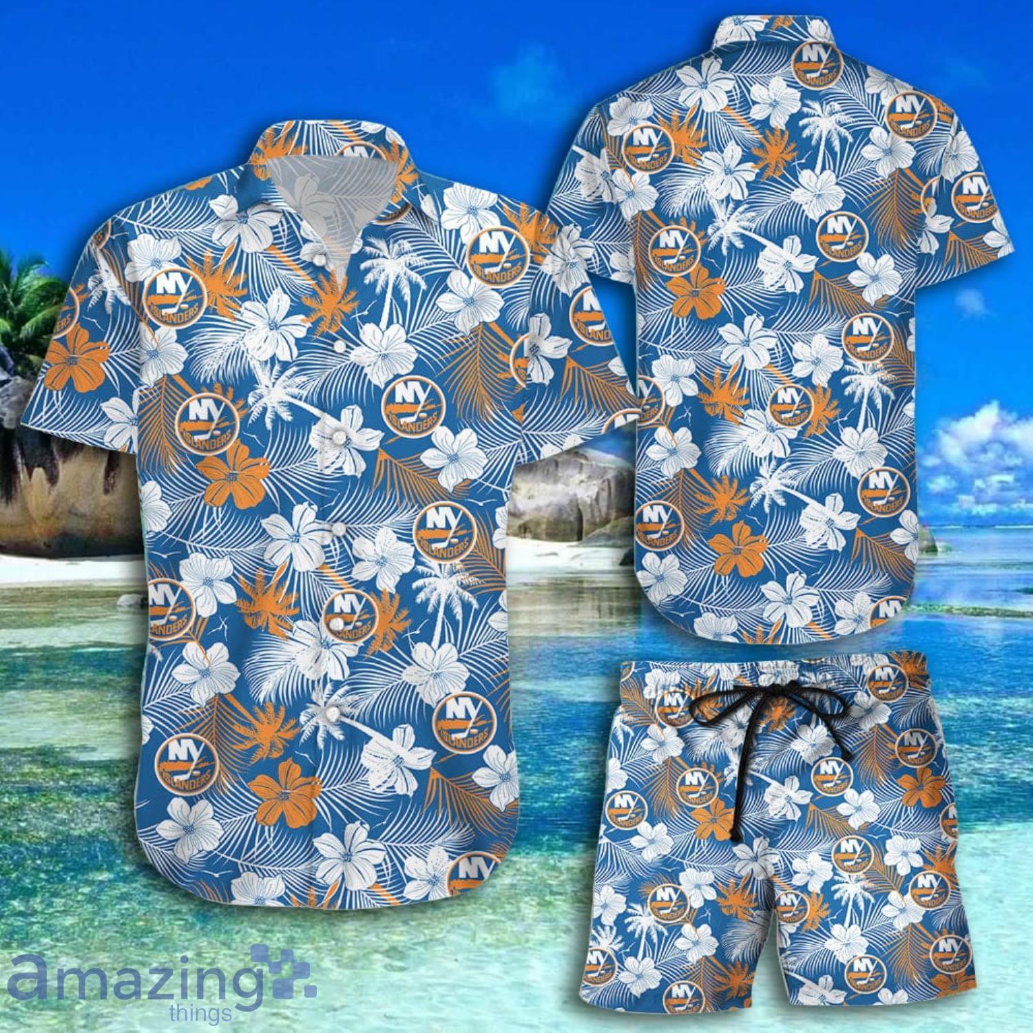 New York Islanders White Tropical Short Sleeve Hawaiian Shirt And Short Product Photo 1 New York Islanders White Tropical Short Sleeve Hawaiian Shirt And Short Product Photo 1