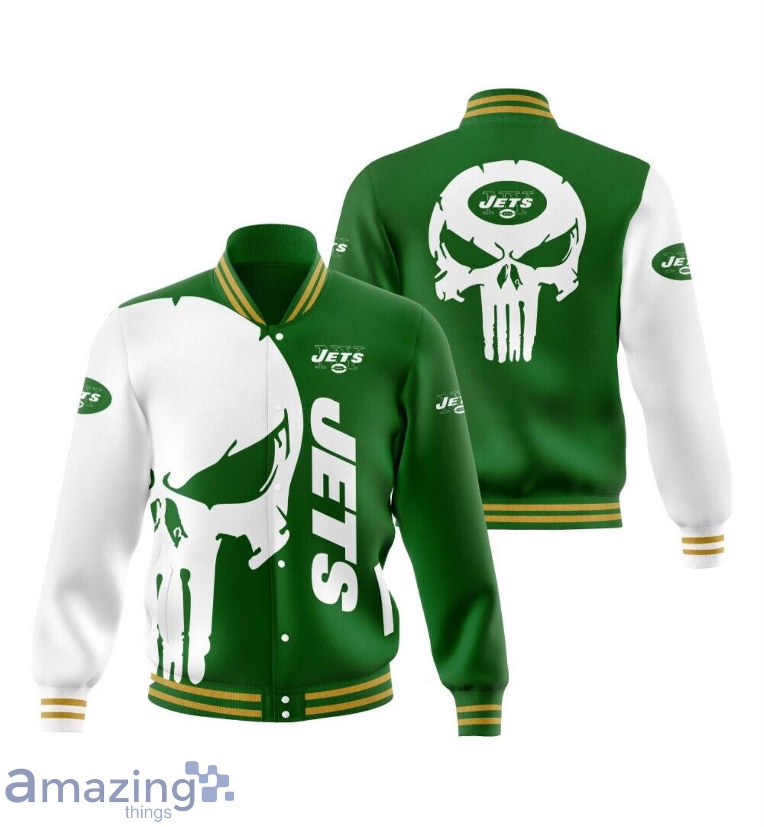 New York Jets Skull Full Print Baseball Jacket Product Photo 1