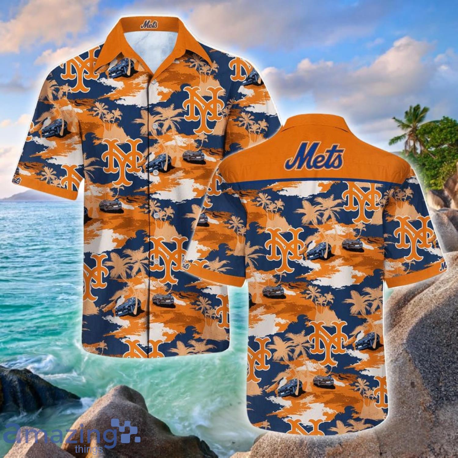 New York Mets Island And Plam Trees Hawaiians Shirt Product Photo 1