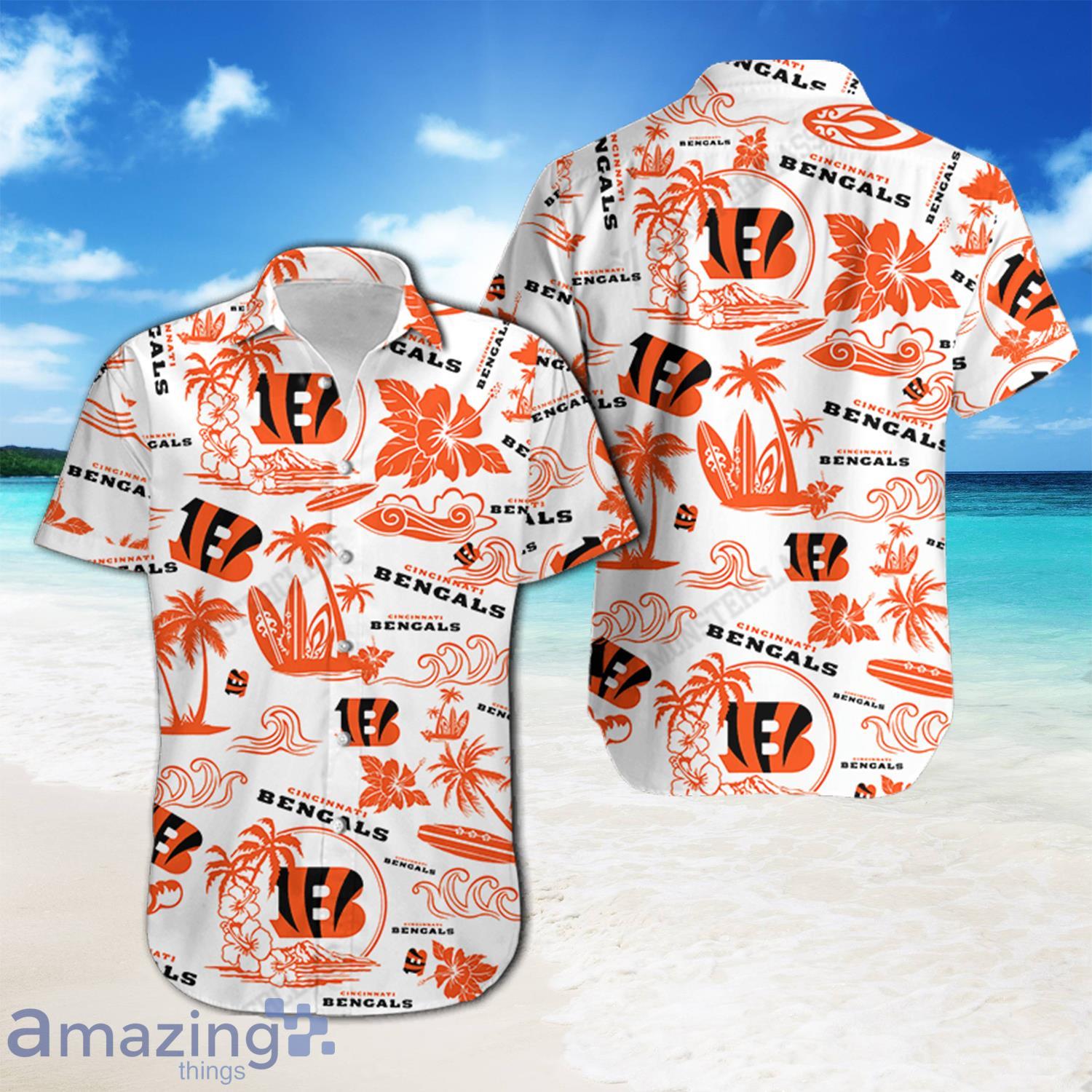 NFL Cincinnati Bengals Aloha Beach Line Art Orange Hawaiian Shirt And Short Product Photo 1