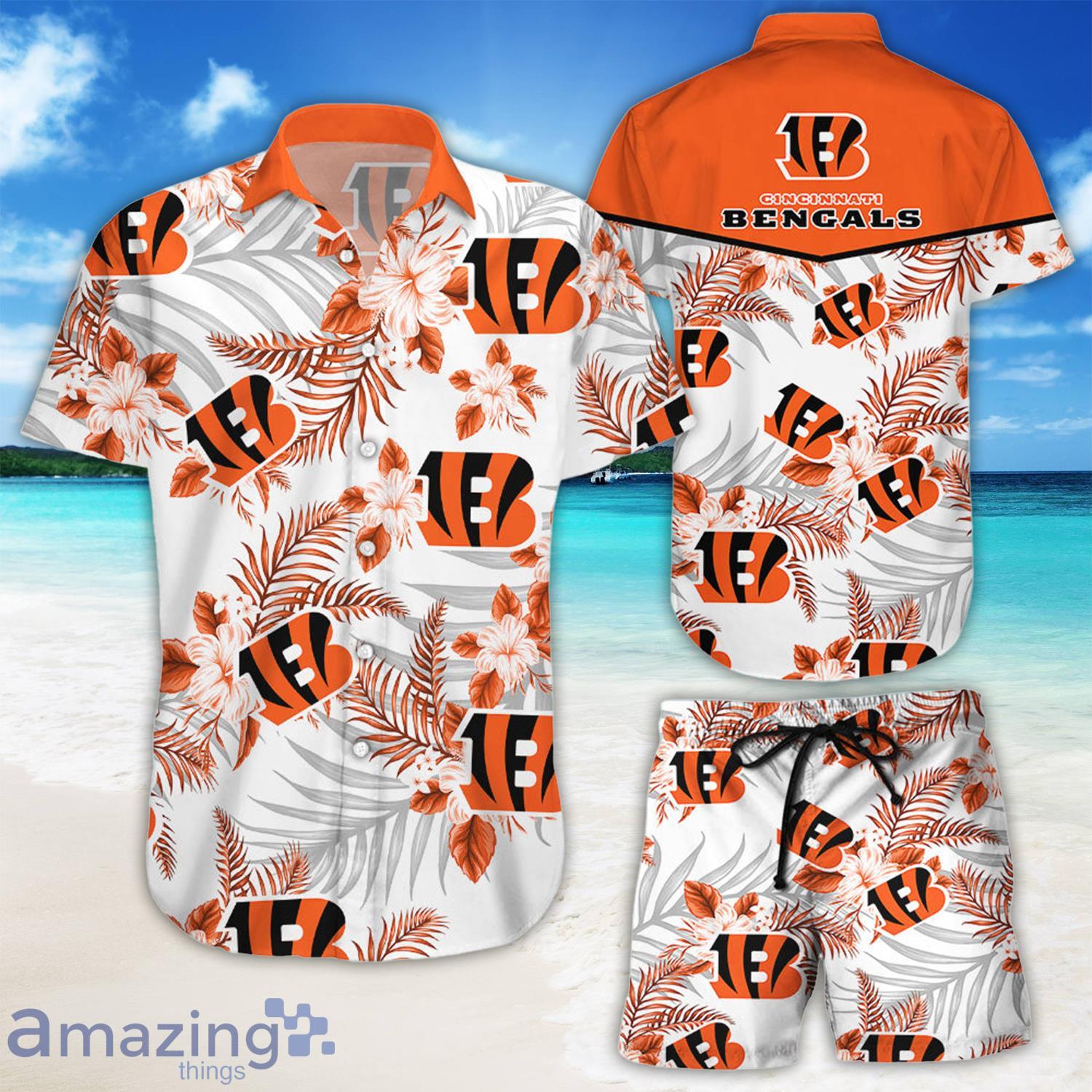 NFL Cincinnati Bengals Orange Tropical Flowers Short Sleeve Hawaiian Shirt  And Short