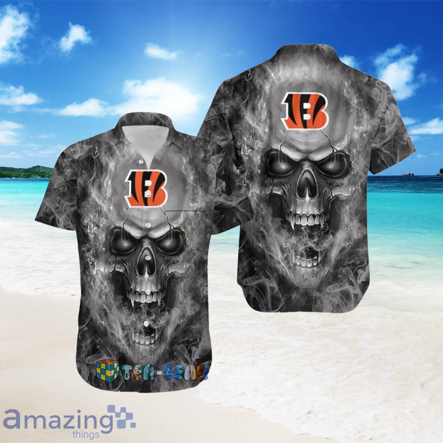 Cincinnati Bengals Nfl Skull Full Print Effect Pattern Backround Short  Sleeve Hawaiian Shirt And Beach Short - Freedomdesign