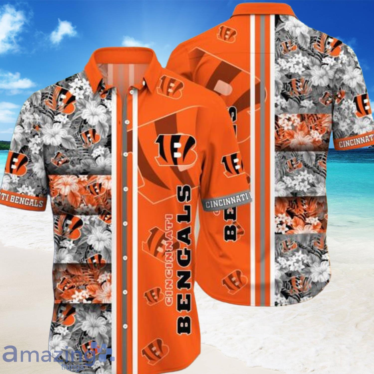 NFL Cincinnati Bengals Tropical Pattern Orange Full Print Hawaiian Shirt-PhotoRoom Product Photo 1