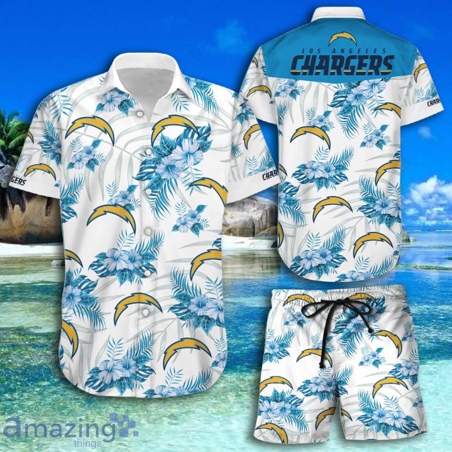 Nfl Los Angeles Chargers Tropical Flowers And Leaves Short Sleeve Hawaiian Shirt And Short Product Photo 1