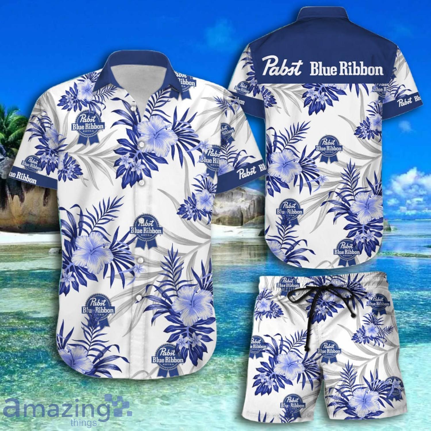 Pabst Blue Ribbon Tropical Pattern White Short Sleeve Hawaiian Shirt And Short Product Photo 1