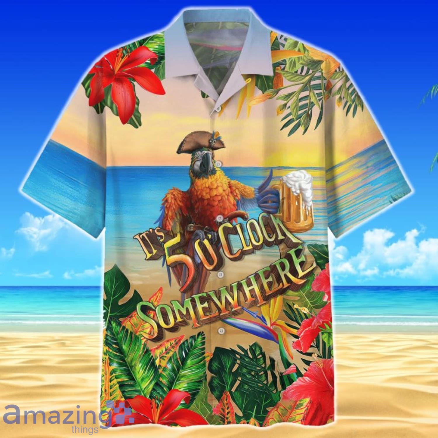 ParrotIt's 5 O'clock Somewhere Print Short Sleeves Hawaiian Shirt Product Photo 1