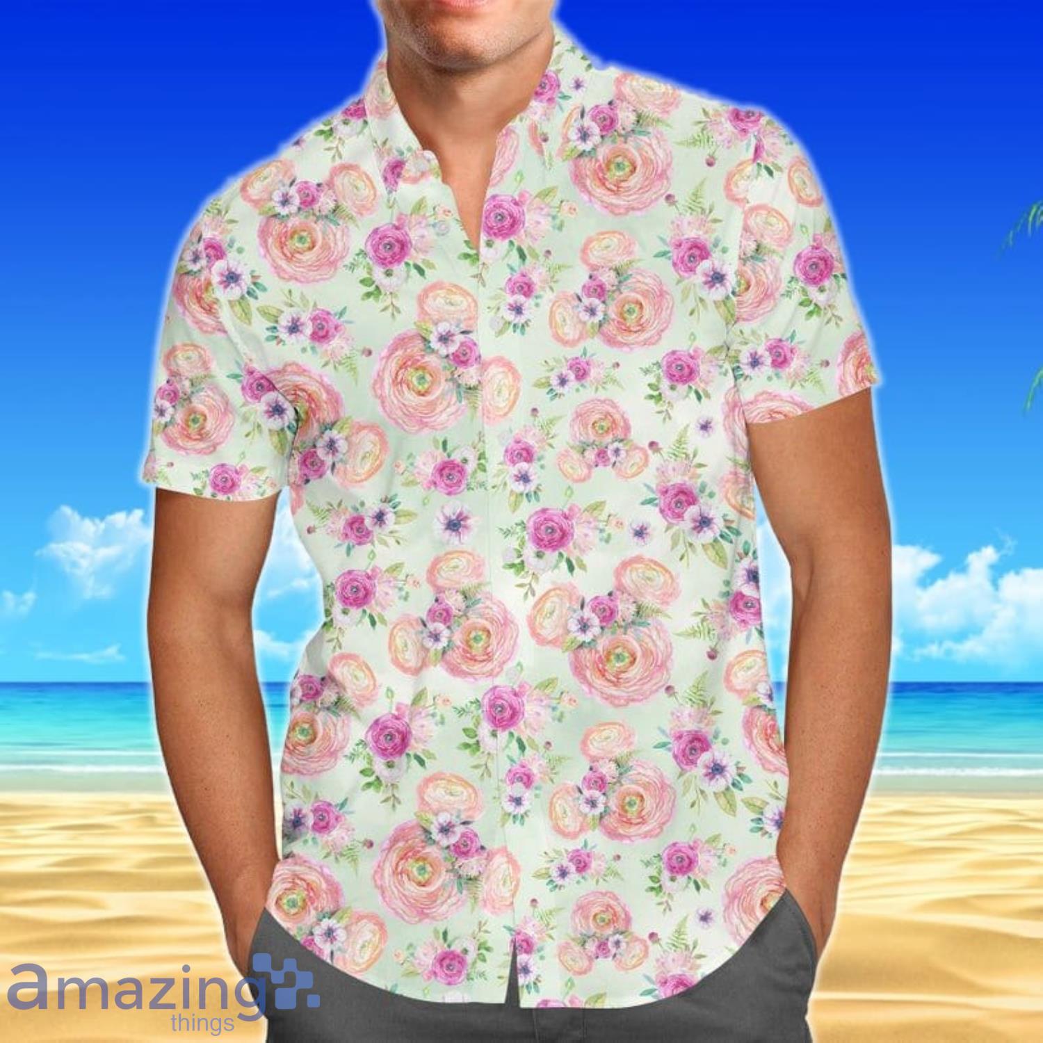 Peachy Floral Minnie Ears Disney Short Sleeves Hawaiian Shirt Product Photo 1