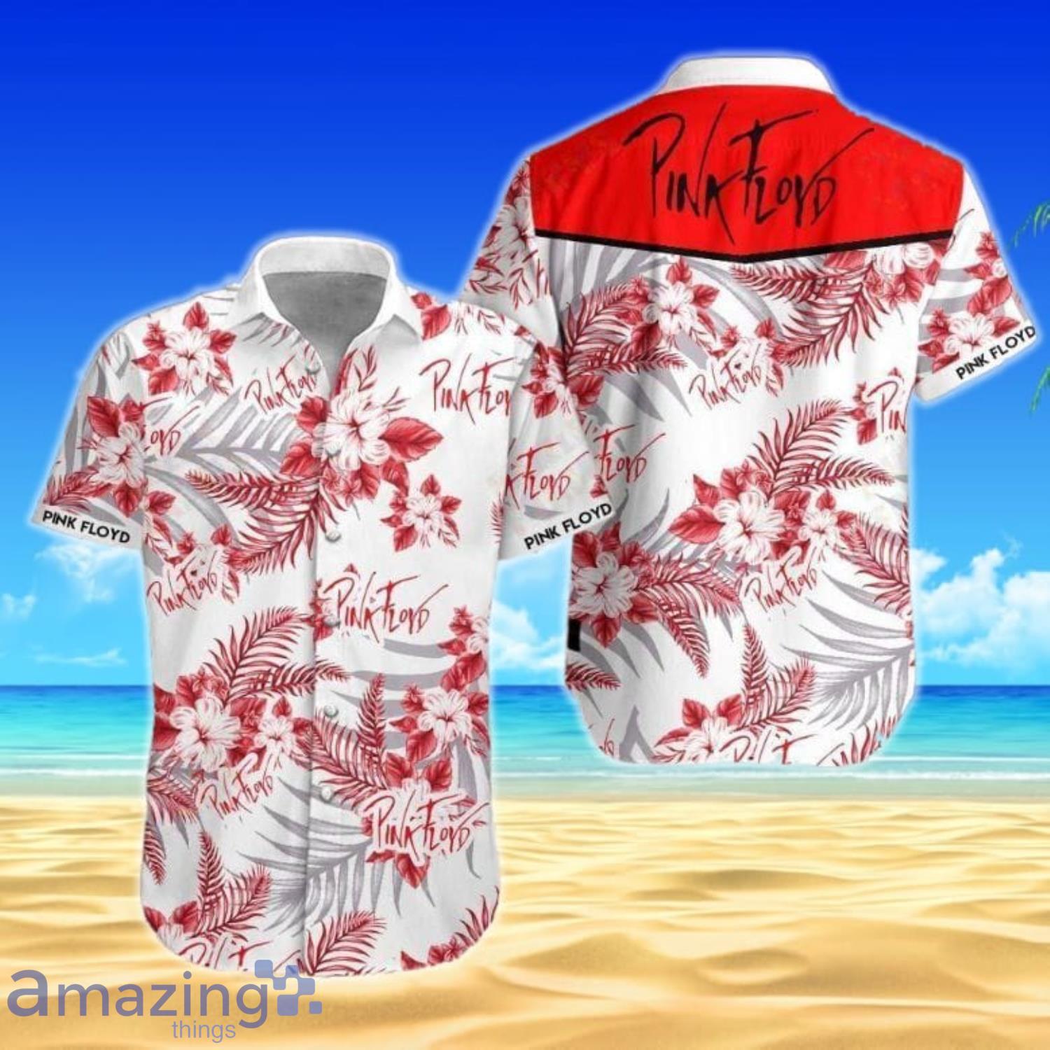 Pink Floyd Tropical Flowers Pattern White Short Sleeves Hawaiian Shirt Product Photo 1