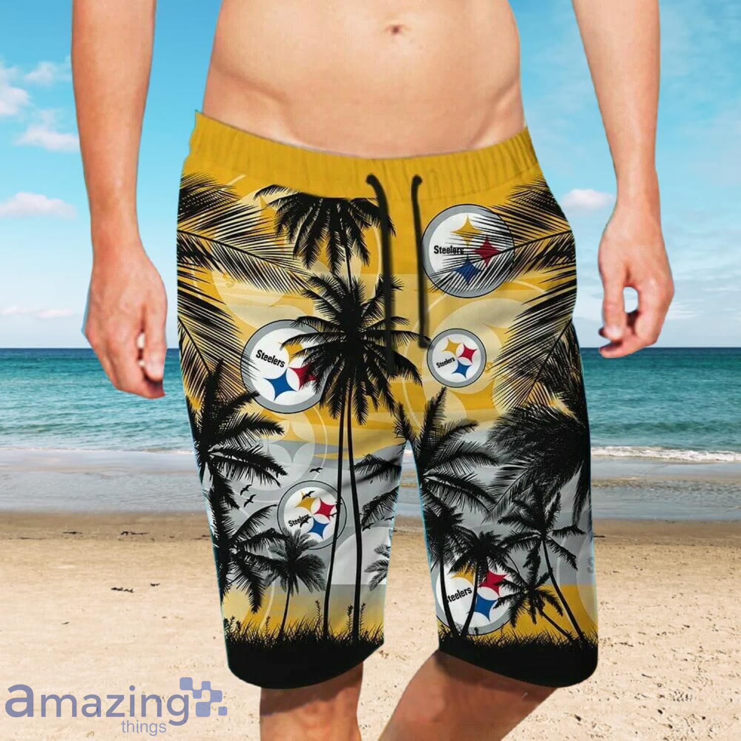 Pittsburgh Steelers Beach And Sunset Combo Hawaiian Shirt And Beach Short image Pittsburgh Steelers Beach And Sunset Combo Hawaiian Shirt And Beach Short Product Photo 2