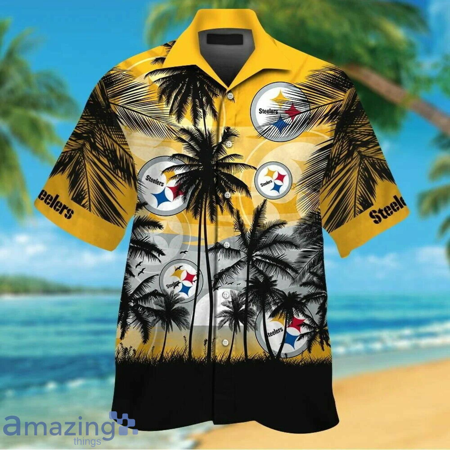 Pittsburgh Steelers Beach And Sunset Combo Hawaiian Shirt And Beach Short image Pittsburgh Steelers Beach And Sunset Combo Hawaiian Shirt And Beach Short Product Photo 3