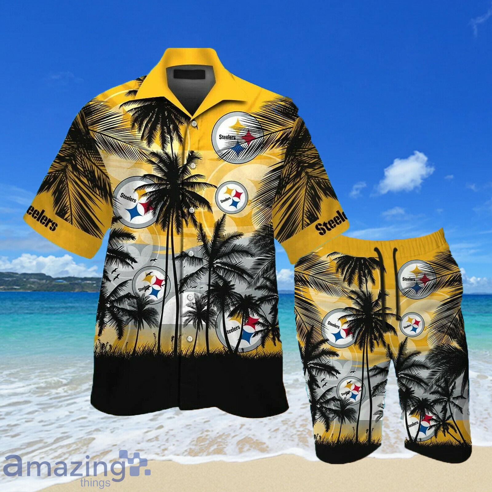 Pittsburgh Steelers Beach And Sunset Combo Hawaiian Shirt And Beach Short Product Photo 1 Pittsburgh Steelers Beach And Sunset Combo Hawaiian Shirt And Beach Short Product Photo 1