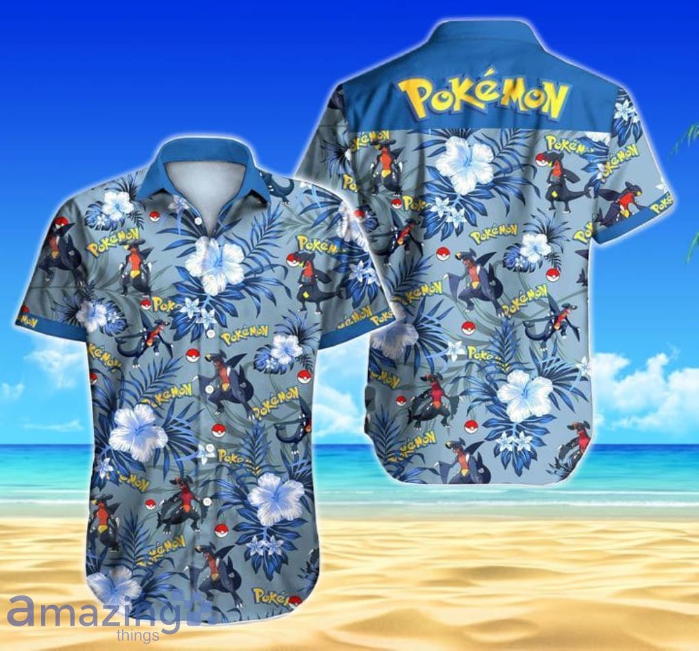 Pokemon Tropical Flowers Pattern Blue Short Sleeves Hawaiian Shirt Product Photo 1