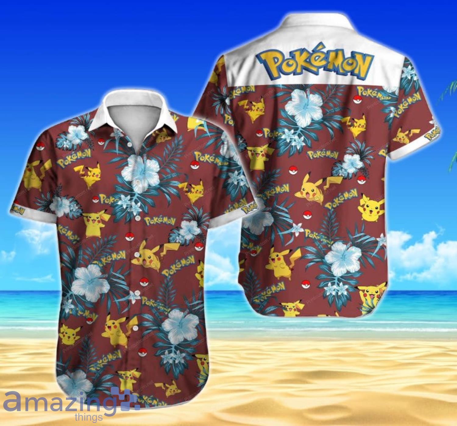 Pokemon Tropical Flowers Pattern Red Short Sleeves Hawaiian Shirt Product Photo 1