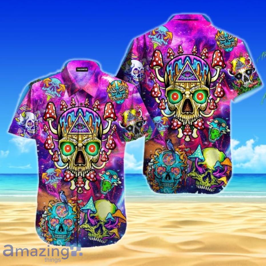 Psychedelic Skull Mushroom Hippie Short Sleeves Hawaiian Shirt Product Photo 1