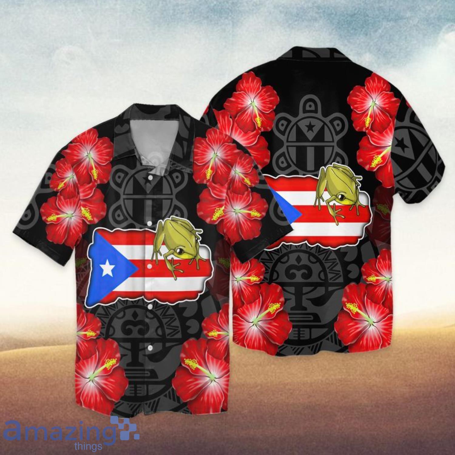 Puerto Rico Frog Habicus Pattern Short Sleeves Hawaiian Shirt Product Photo 1