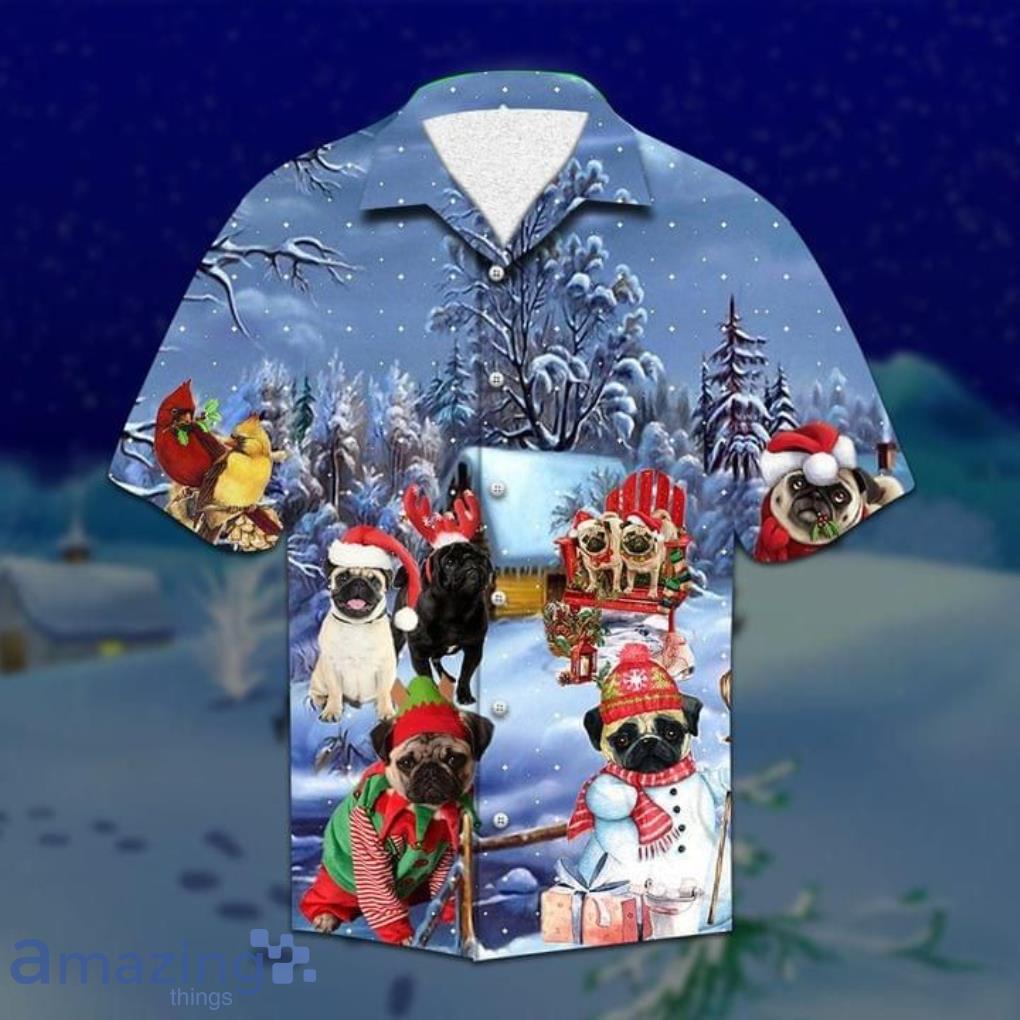 Pug Dog Merry Christmas Print Short Sleeves Hawaiian Shirt Product Photo 1