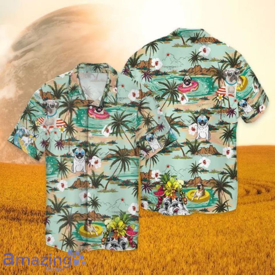 Pug Dog Palm Trees Islands Short Sleeves Hawaiian Shirt Product Photo 1