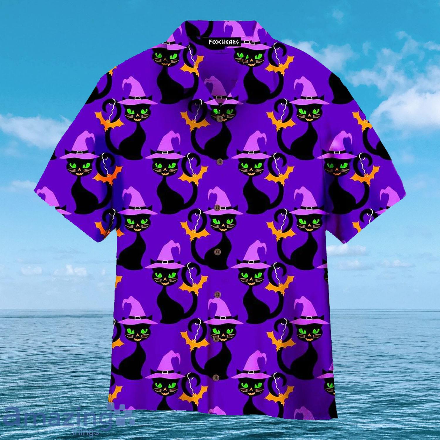 Purple Hallo Cat With Witch Hat, Cat Hawaiian Shirt - Purple Hallo Cat With Witch Hat, Cat Hawaiian Shirt