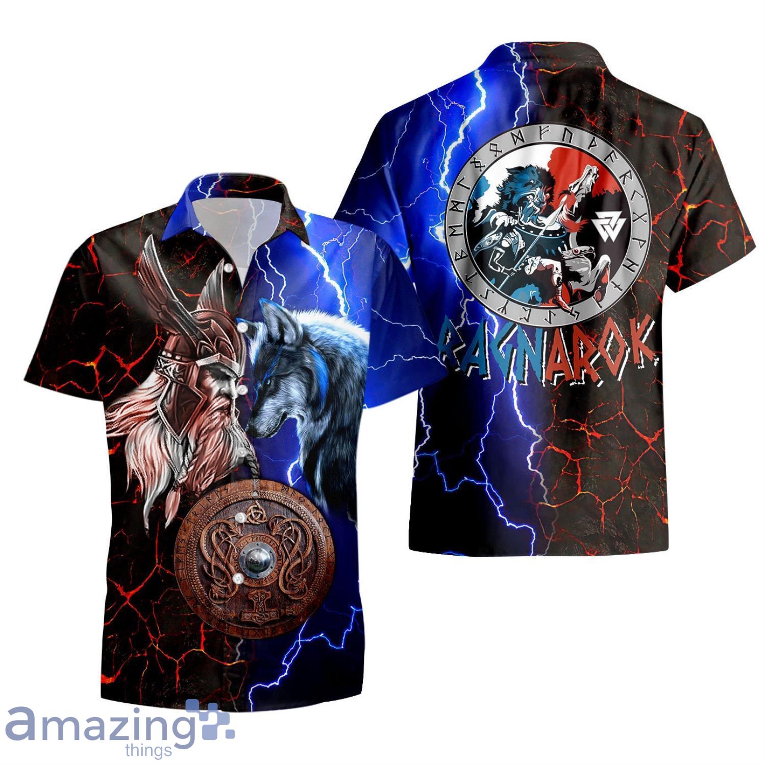 Ragnarok Wolf Viking Odin And Fenrir Battle Short Sleeves Hawaiian Shirt Product Photo 1