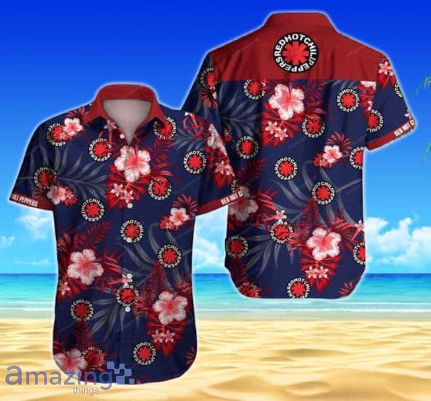 Red Hot Chili Peppers Tropical Flowers Pattern Navy And Red Hawaiian Shirt Product Photo 1