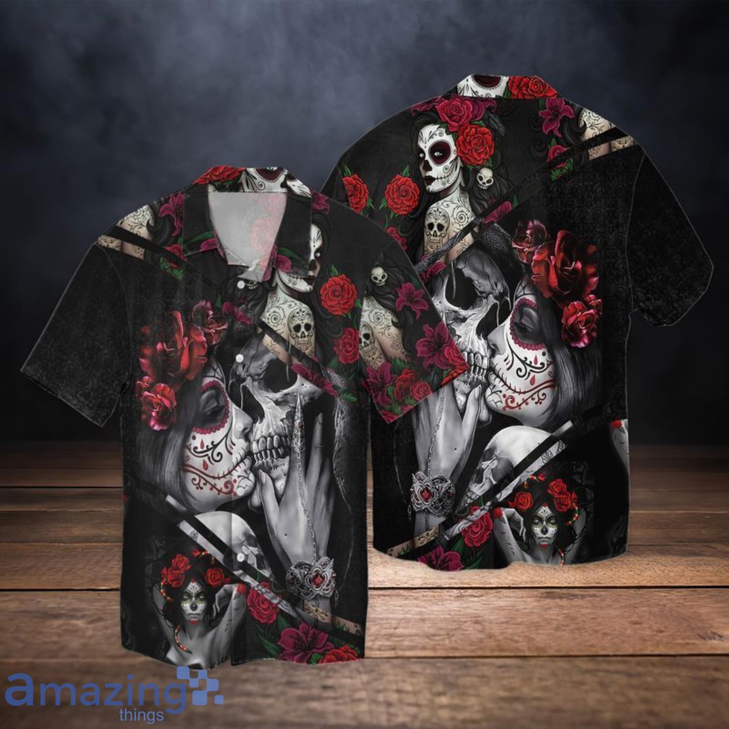 Roses Skull Romance Couple Short Sleeves Hawaiian Shirt Product Photo 1