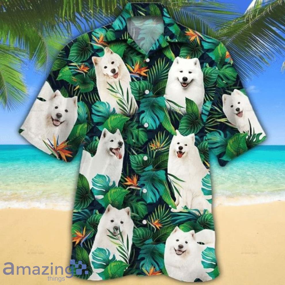 Samoyed Dog Lovers Tropical Leaves Short Sleeves Hawaiian Shirt Product Photo 1