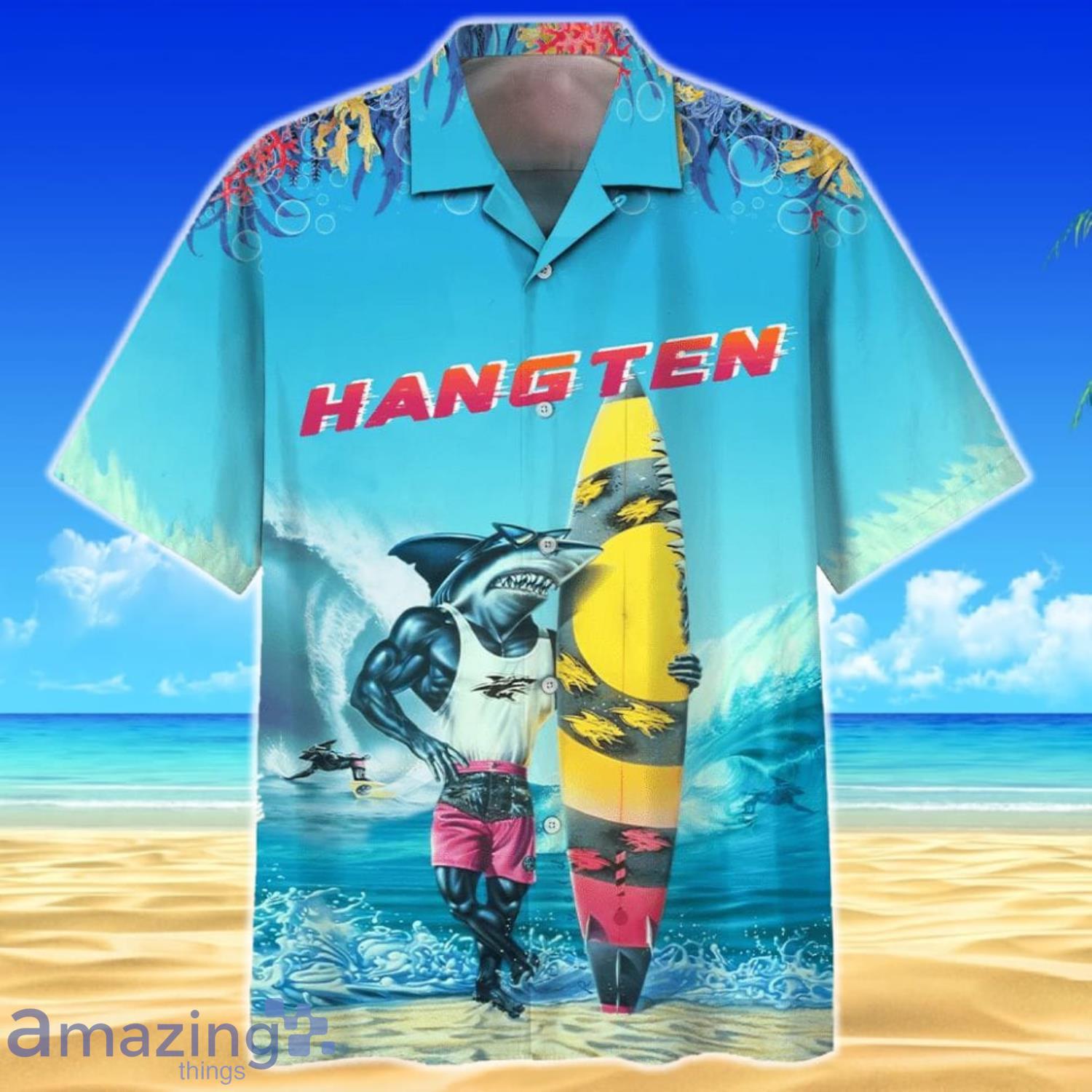 Shark Hang Ten Print Short Sleeves Hawaiian Shirt Product Photo 1