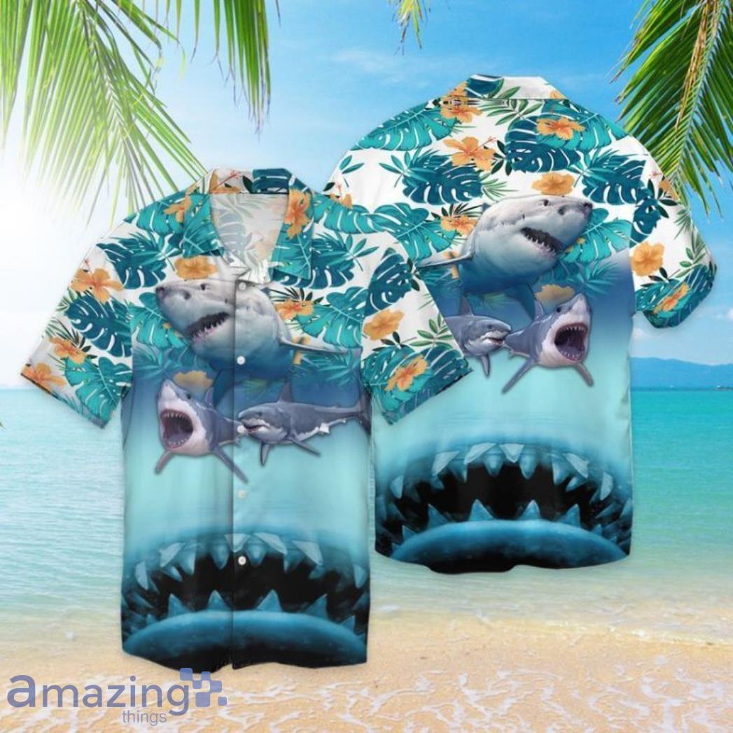 Shark Ocean Tropical Flowers Pattern Short Sleeves Hawaiian Shirt Product Photo 1