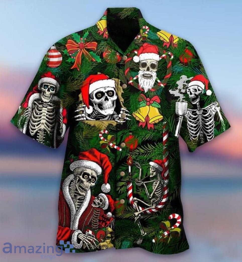 Skeleton Merry Christmas Print Short Sleeves Hawaiian Shirt Product Photo 1