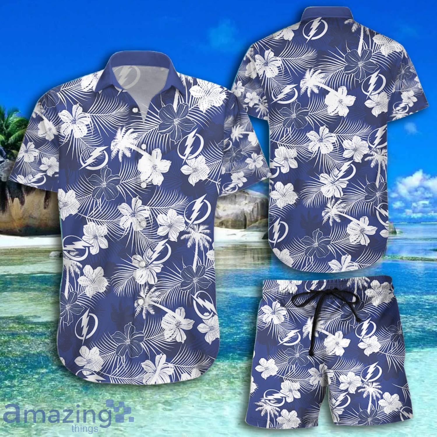 Tampa Bay Lightning White Floral Blue Short Sleeve Hawaiian Shirt And Short Product Photo 1
