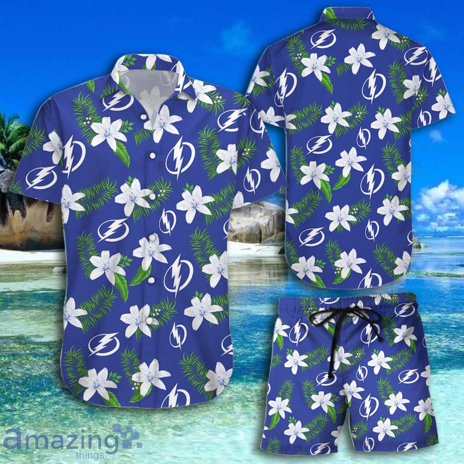 Tampa Bay Lightning White Flower Blue Short Sleeve Hawaiian Shirt
