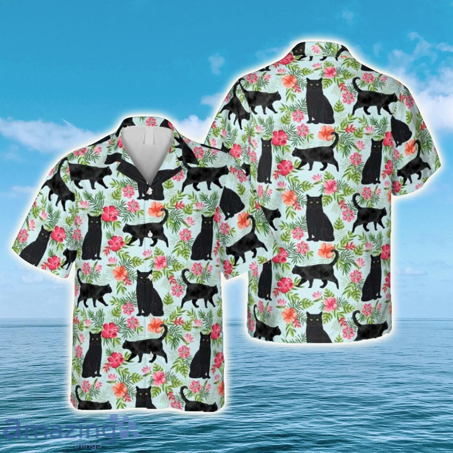 Tropical Flowers Black Cat Hawaiian Shirt - Tropical Flowers Black Cat Hawaiian Shirt