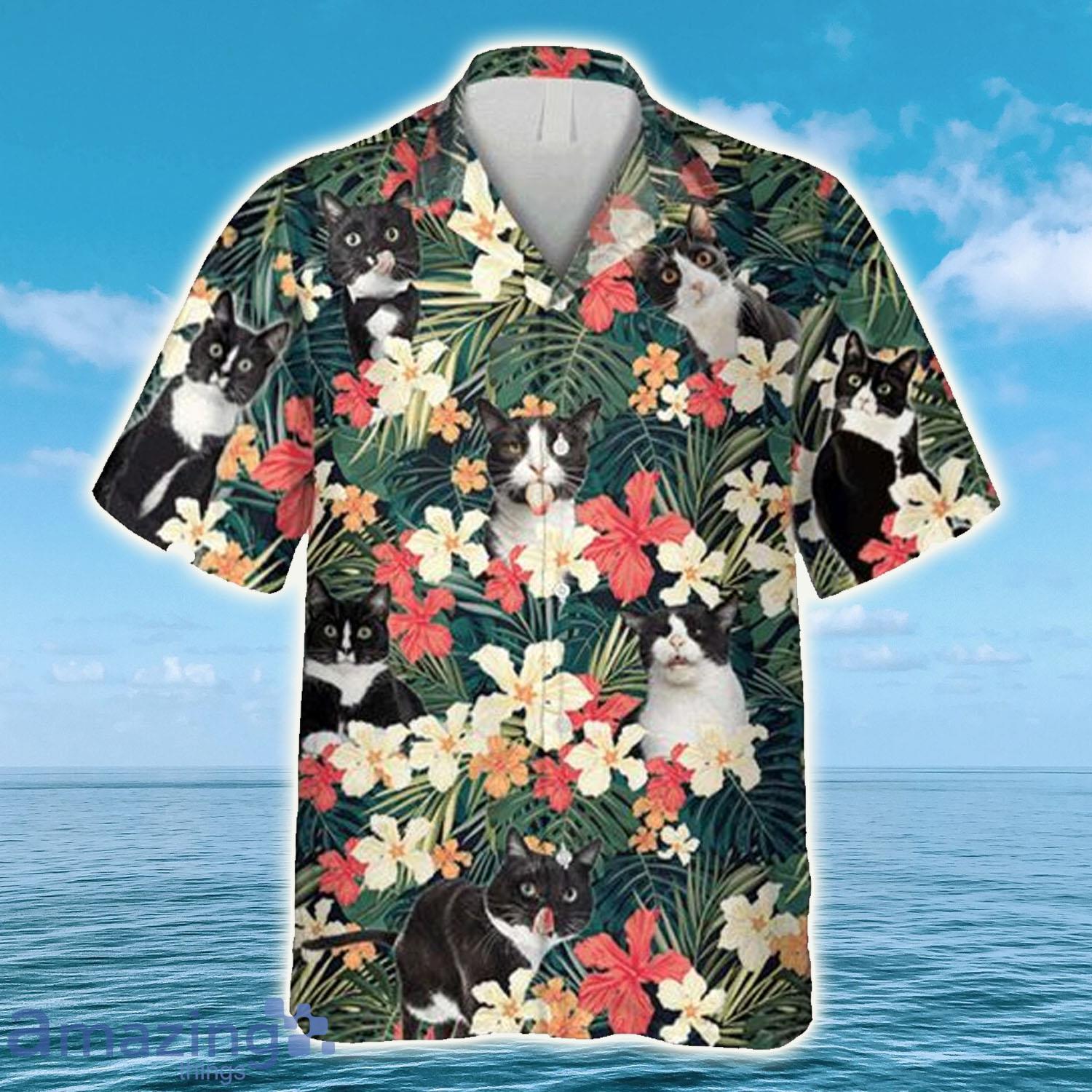 Tuxedo Cat And Tropical Plants, Cat Hawaiian Shirt - Tuxedo Cat And Tropical Plants, Cat Hawaiian Shirt