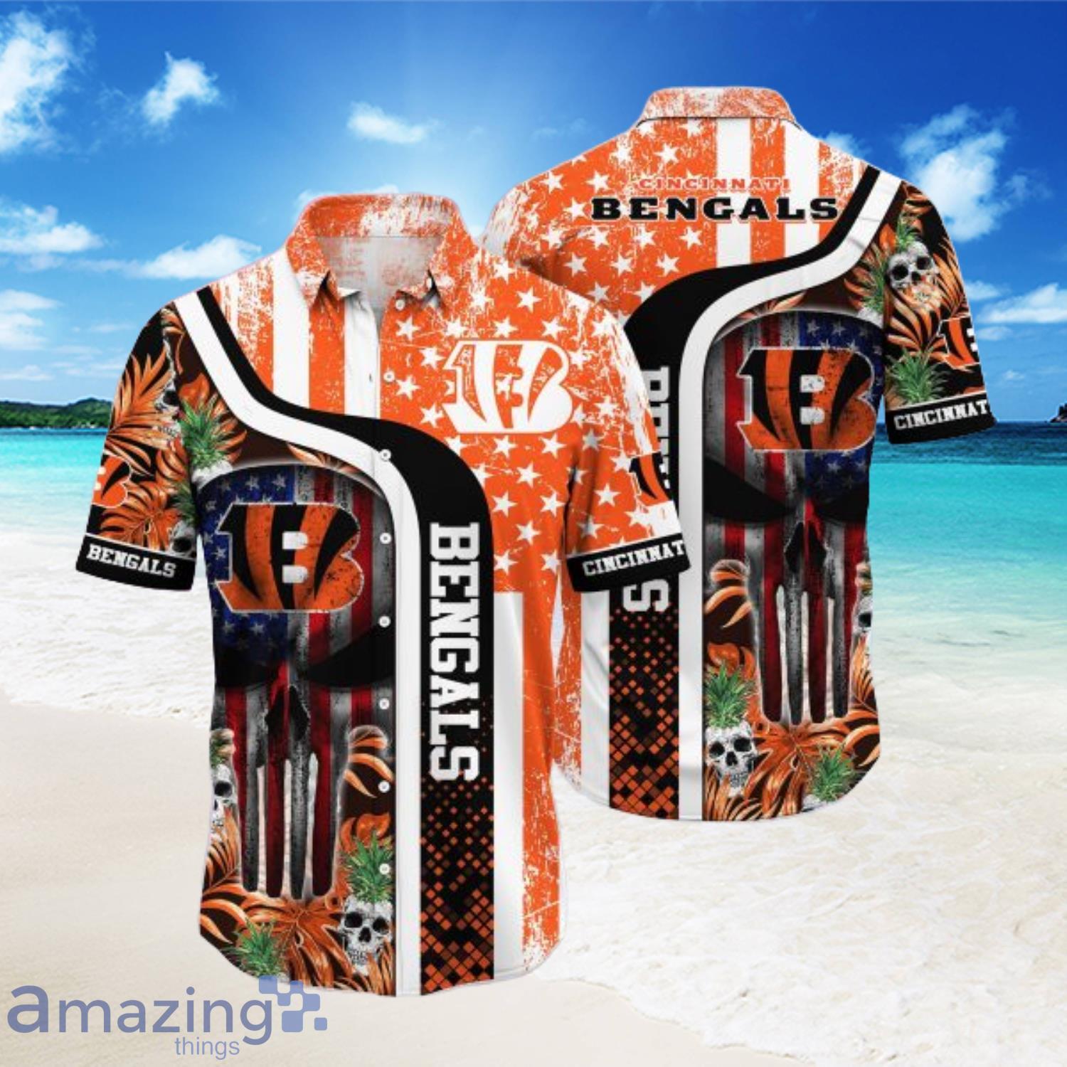 USA Flag Cincinnati Bengals And Skull Short Sleeve Hawaiian Shirt