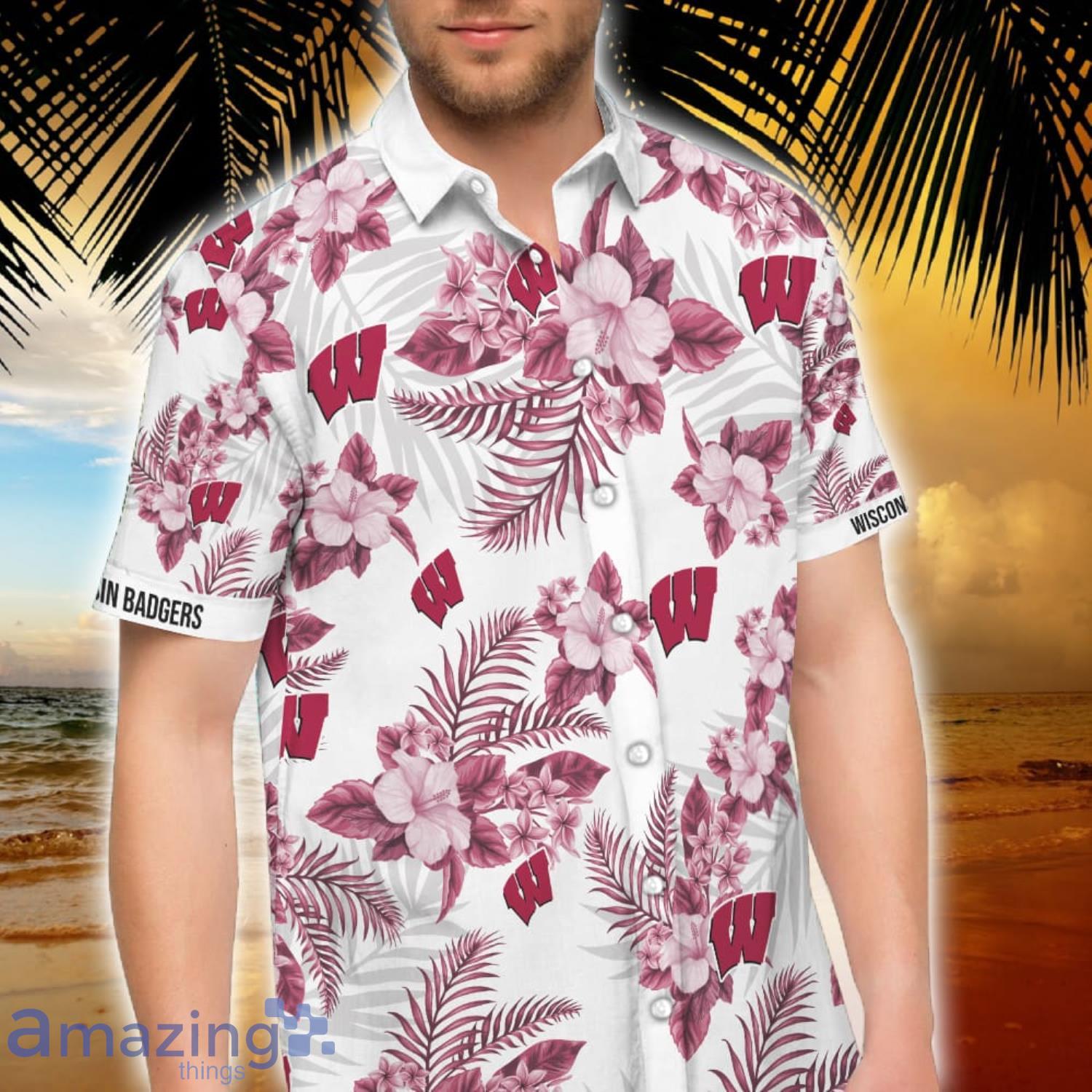 Wisconsin Badgers Tropical Flowers White Short Sleeve Hawaiian Shirt And Short Product Photo 1