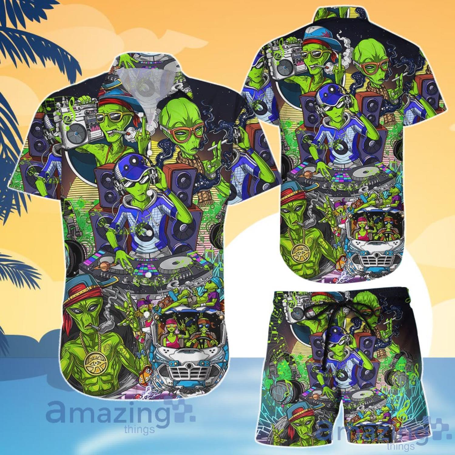 Ailen Hippies Aliens Music DJ Smokings Aloha Funny Hawaiian Shirt And Shorts Product Photo 1