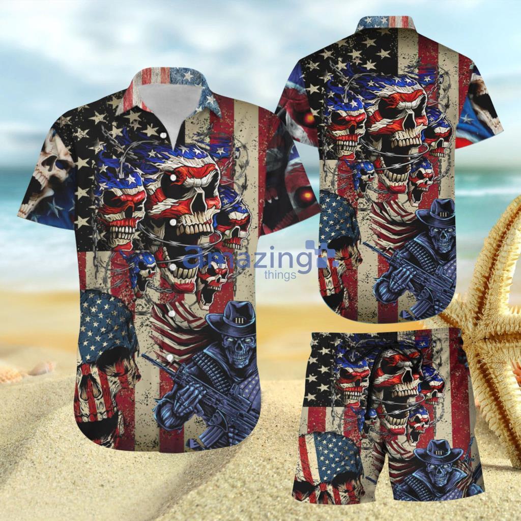 American Flag Skull Hawaiian Shirt And Short - American Flag Skull Hawaiian Shirt And Short