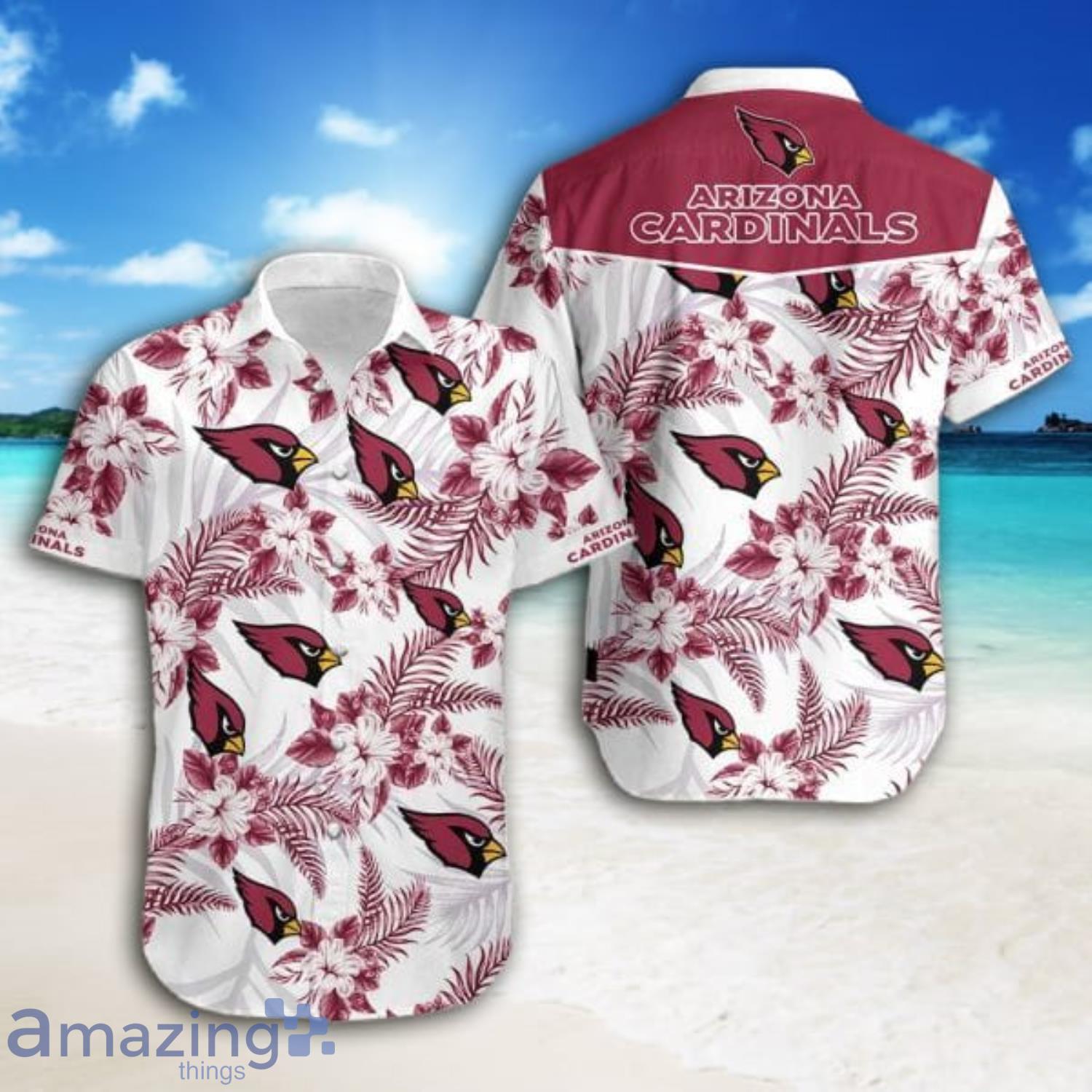 Arizona Cardinals TRopical Flowers Pattern Red White Short Sleeve Hawaiian Shirt Product Photo 1 Arizona Cardinals TRopical Flowers Pattern Red White Short Sleeve Hawaiian Shirt Product Photo 1